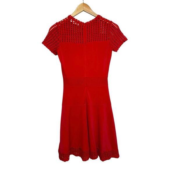 Michael Kors Short Sleeve Mesh Panel Fit and Flare Mini Dress Red Evening Party - Picture 3 of 11